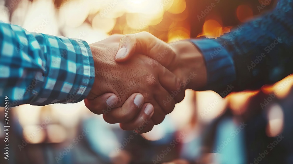 A business partnership handshake is captured in close-up, symbolizing a successful deal or agreement, with a flare effect and blurred setting A business partnership handshake is captured in close-up, symbolizing a successful deal or agreement, with a flare effect and blurred setting