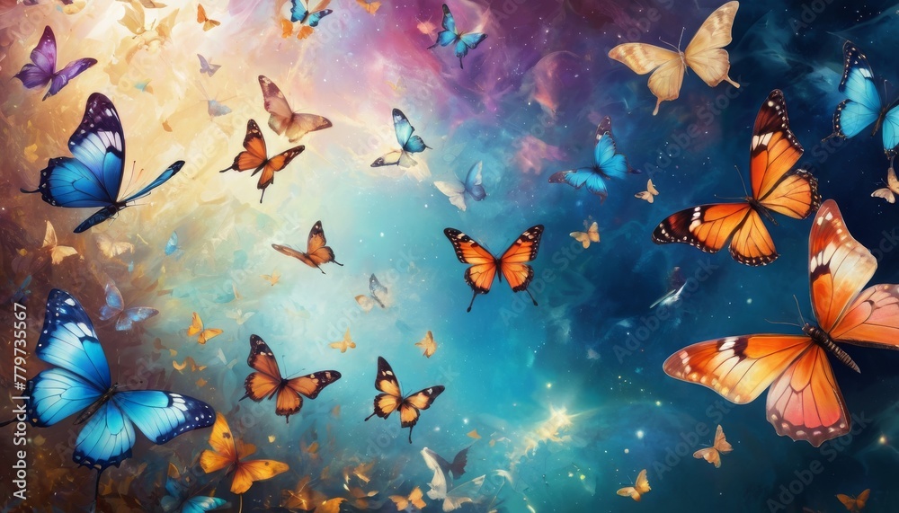 A digital fantasy landscape where vivid butterflies flutter against a backdrop of a starry, cosmic sky, symbolizing freedom and ethereal beauty.. AI Generation A digital fantasy landscape where vivid butterflies flutter against a backdrop of a starry, cosmic sky, symbolizing freedom and ethereal beauty.. AI Generation