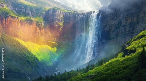 Majestic Rainbow Waterfall Cascading from Lush Cliffs into a Serene Forest Stream