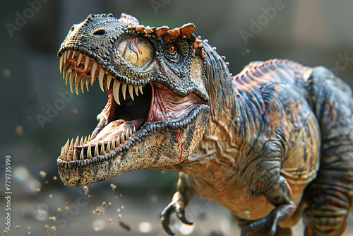 Generative ai on theme of big scary hungry dinosaur with kind eyes and sharp teeth destroying park © oleg525