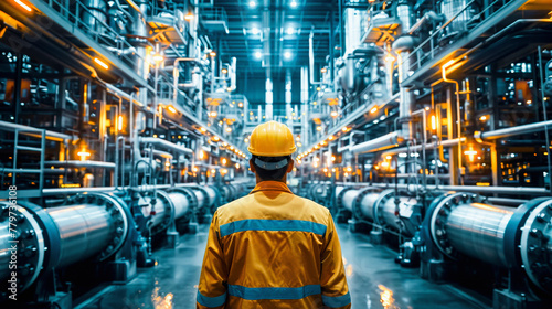 Worker in yellow hard hat surveys industrial interior with large pipes and steel structure at a manufacturing plant. photo