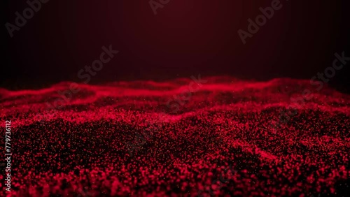 Magic red glowing particles flow in viscous liquid and bright glisten. Abstract digital particle wave and light abstract background ,animation background, depth of field and bokeh