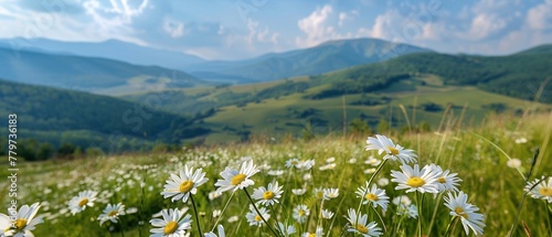 Eine grüne hügelige Landschaft mit weißen Blumen im Vordergrund, Banner photo