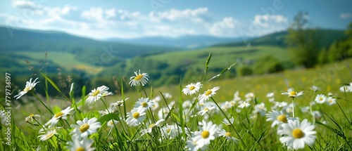 Eine grüne hügelige Landschaft mit weißen Blumen im Vordergrund, Banner photo