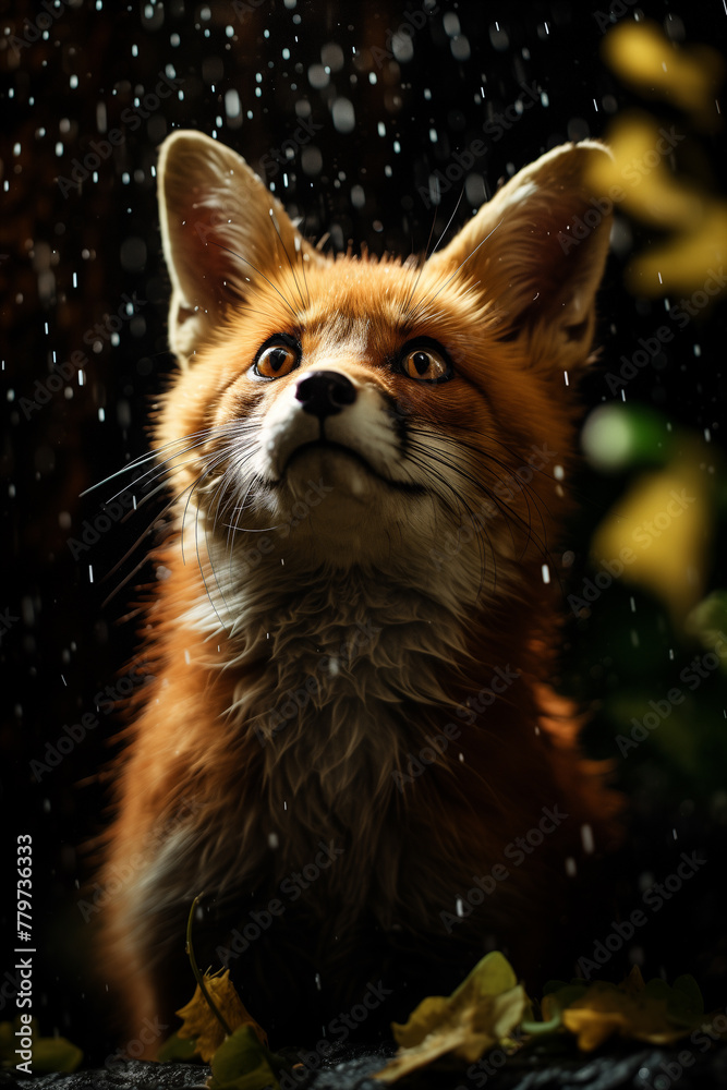 Obraz premium Generative Ai of a fox in a dark forest while raining