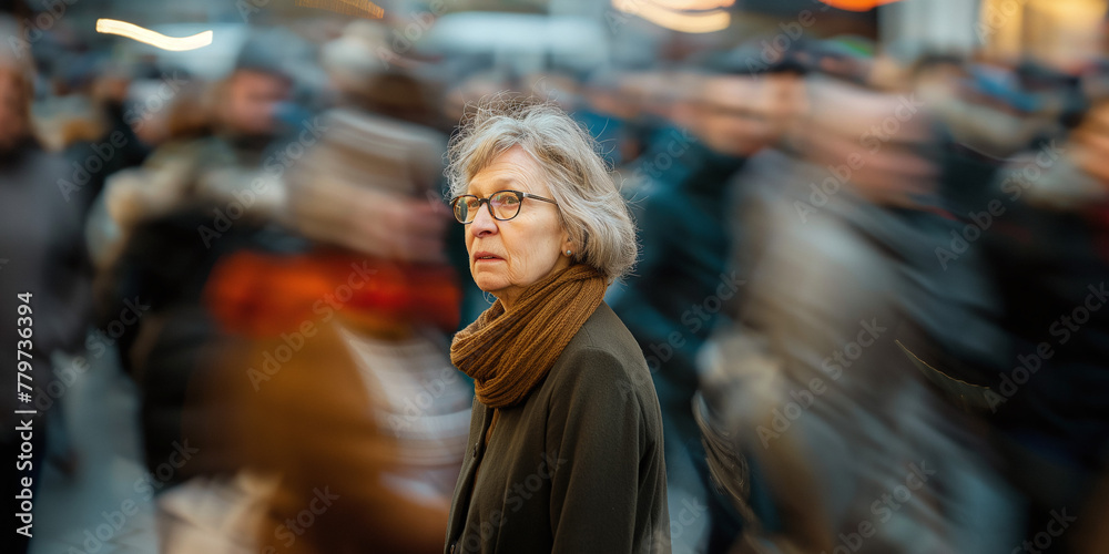 A person with glasses and a contemplative gaze stands still amidst a streak of bustling figures