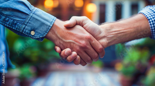 Two individuals engaging in a firm handshake, symbolizing agreement or greeting, with blurred background suggesting a casual outdoor setting.