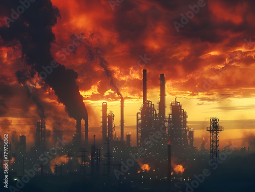 Describe industrial scene with bold sunset backdrop - Ai generated