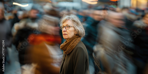 A person with glasses and a contemplative gaze stands still amidst a streak of bustling figures