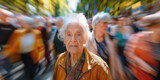 An elderly woman stands clear and central, with a crowd moving around her in a blur