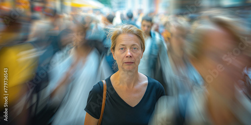 A senior woman standing still in sharp focus, surrounded by blurred figures in motion