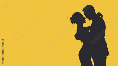 Silhouette of a dancing couple on a yellow background.