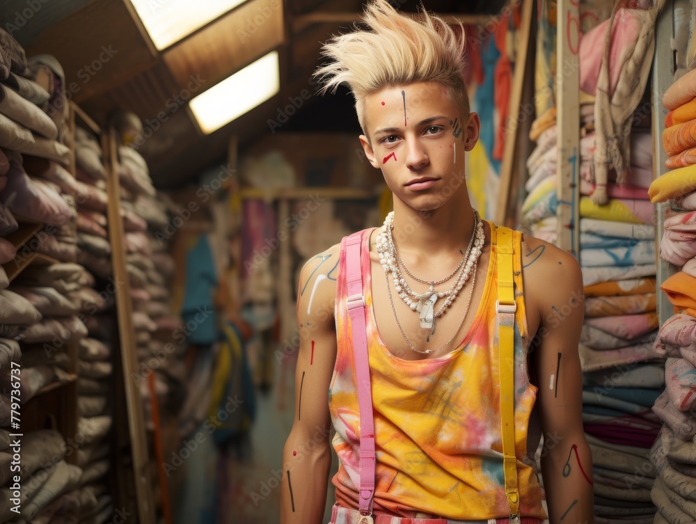 Man With Mohawk Standing in Front of Rack of Shirts