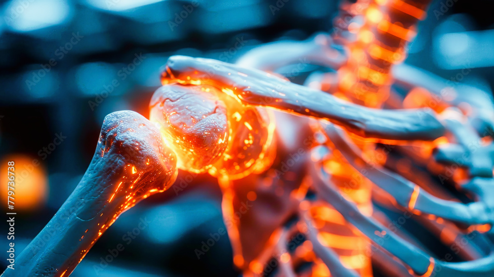 3D illustration of a human skeleton with a glowing joint, depicting ...