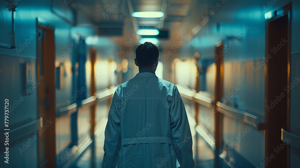 A doctor is seen in a hospital corridor, set against an unfocused background, highlighting the healthcare setting A doctor is seen in a hospital corridor, set against an unfocused background, highlighting the healthcare setting