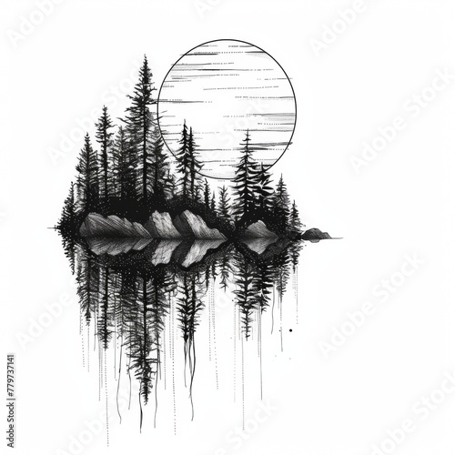 Silhouetted forest or landscape scene composed of minimal linework tattoo design photo