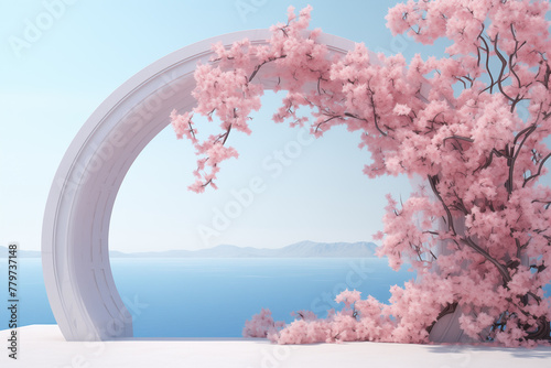 Generative AI of a cherry blossom flowers arch and a blue background