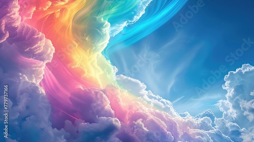 Ethereal Rainbow Ribbon Flowing Through Majestic Clouds in the Sky