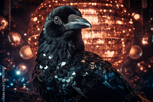 Generative Ai of a black crow and a disco ball.  photo