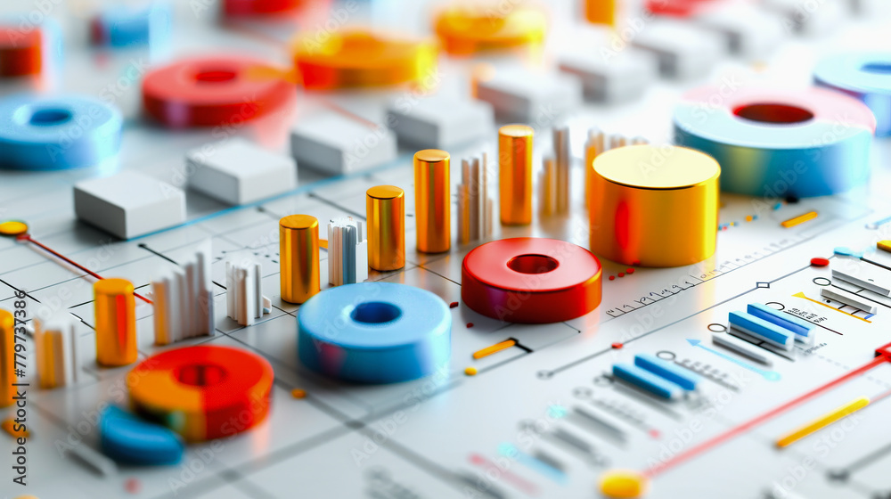 3D colorful pie charts, bar graphs, and line charts representing data analysis or business statistics on a white background. 3D colorful pie charts, bar graphs, and line charts representing data analysis or business statistics on a white background.