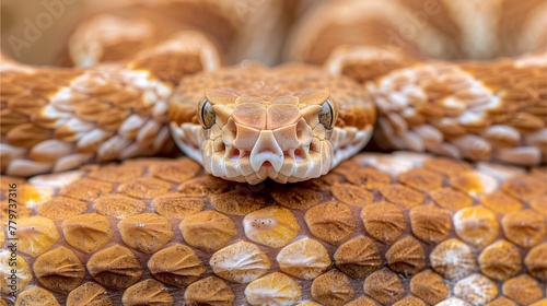 Close up of a dangerous viper python, blending into sandy terrain, its brown scales glistening, its venomous tongue flickering, a solitary creature of the wild