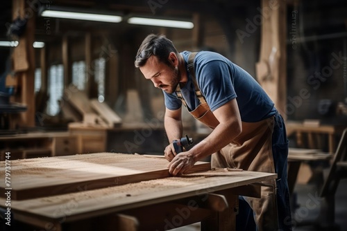 Carpenter sanding wood piece in workshop in furniture factory