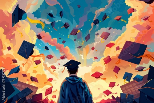 abstract illustration graduation, graduate on colorful flying graduation cap background