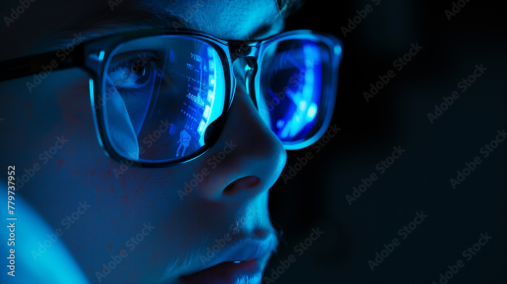 Close up of a scientist wearing goggles with blue reflection of display on its lenses. Generative AI. Close up of a scientist wearing goggles with blue reflection of display on its lenses. Generative AI.