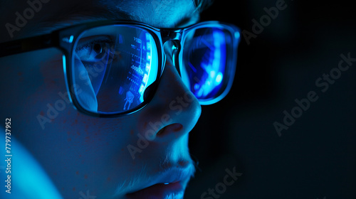 Close up of a scientist wearing goggles with blue reflection of display on its lenses. Generative AI.