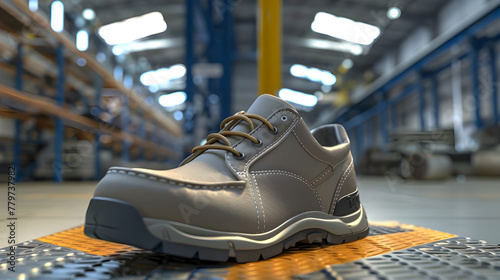 Realistic 8K high-definition image of safety work shoe on factory floor - Ai Generated