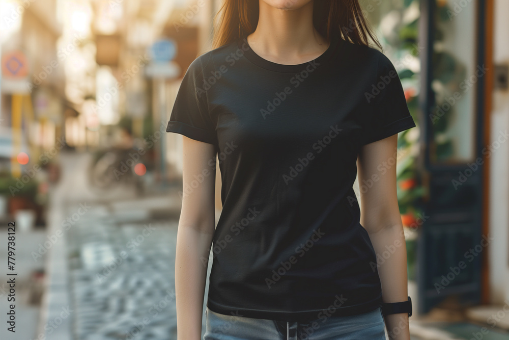 A woman wearing a black shirt is walking down the street at sunset. Black t-shirt for mock-up.