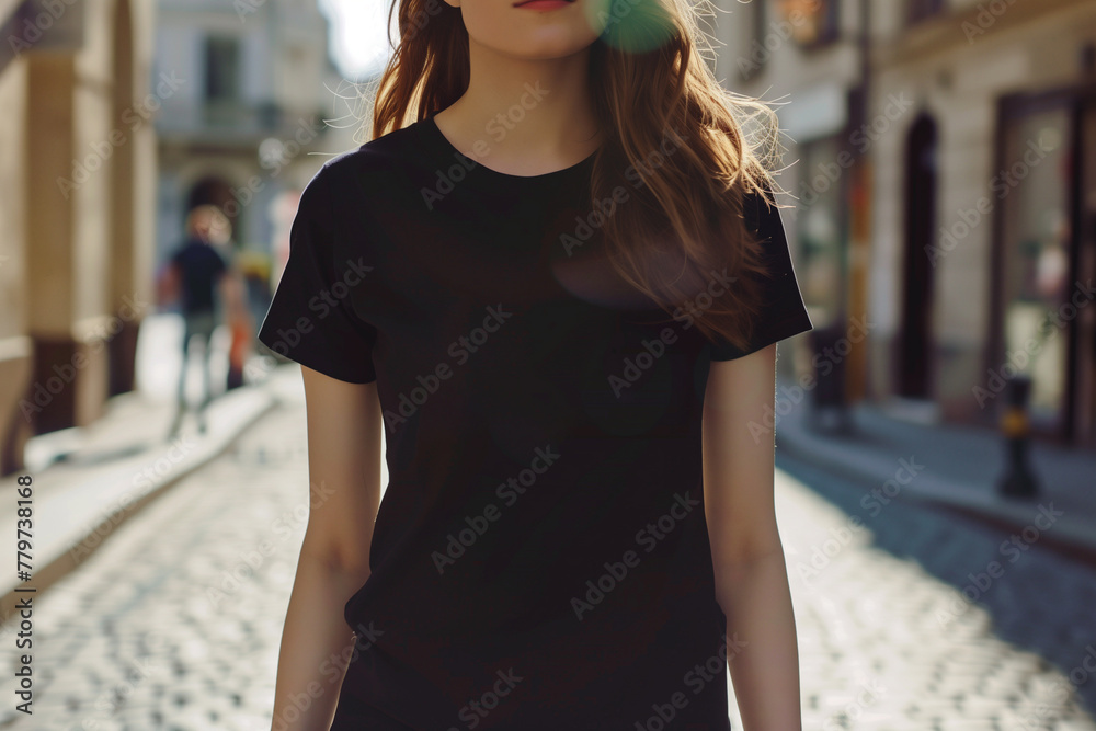 A woman wearing a black shirt is walking down the street at sunset. Black t-shirt for mock-up.