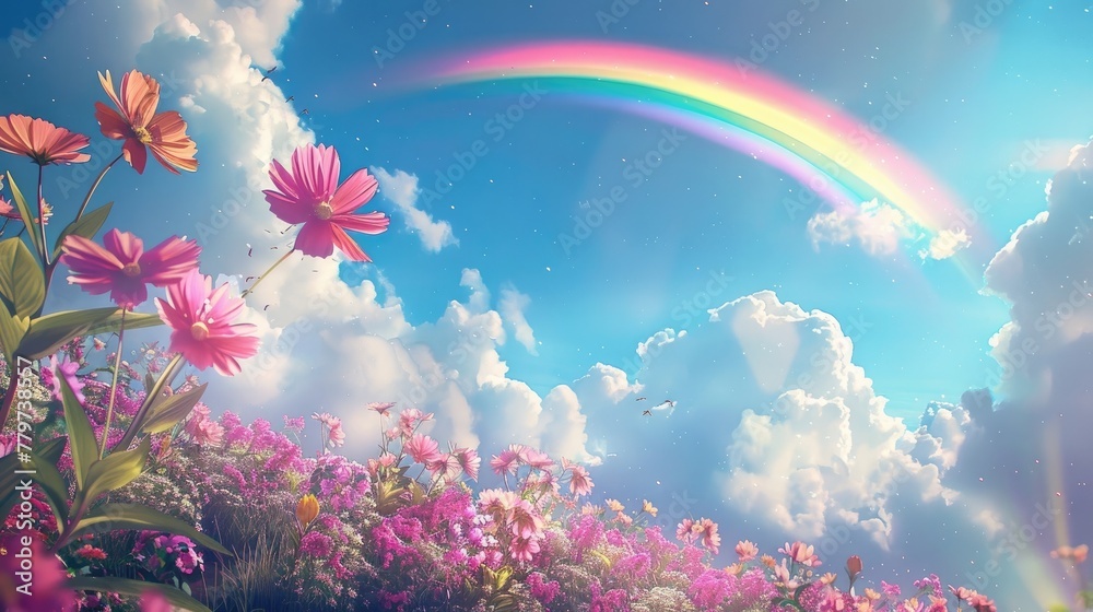 Vibrant Rainbow Arching Over a Lush Meadow Filled with Blooming Flowers in the Soft Clouds of a Dreamlike Landscape