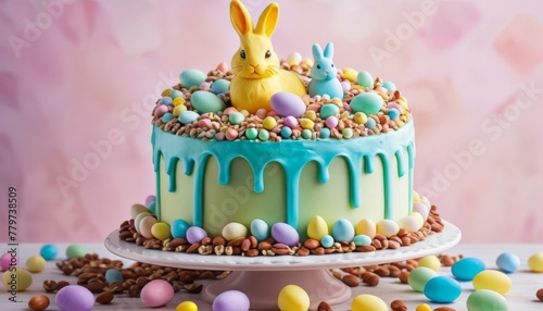 A stunning Easter cake adorned with a fondant bunny  dripping icing  and a colorful assortment of candy eggs on a decorative plate. AI Generation