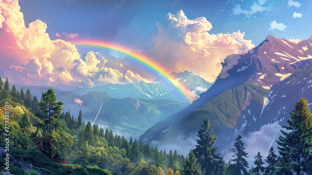 Majestic Rainbow Over Awe Inspiring Mountain Landscape with Dramatic Clouds and Serene Forest
