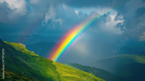 Stunning Rainbow Over Majestic Mountain Landscape With Lush Greenery and Dramatic Clouds