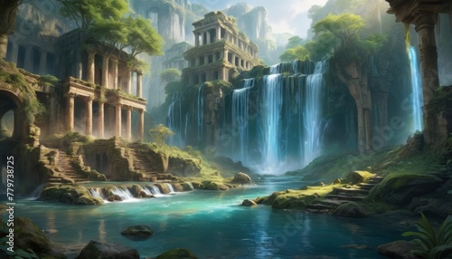 Enchanting ancient ruins with cascading waterfalls, surrounded by lush greenery and rock cliffs, evoke a sense of a lost civilization in a serene setting.. AI Generation