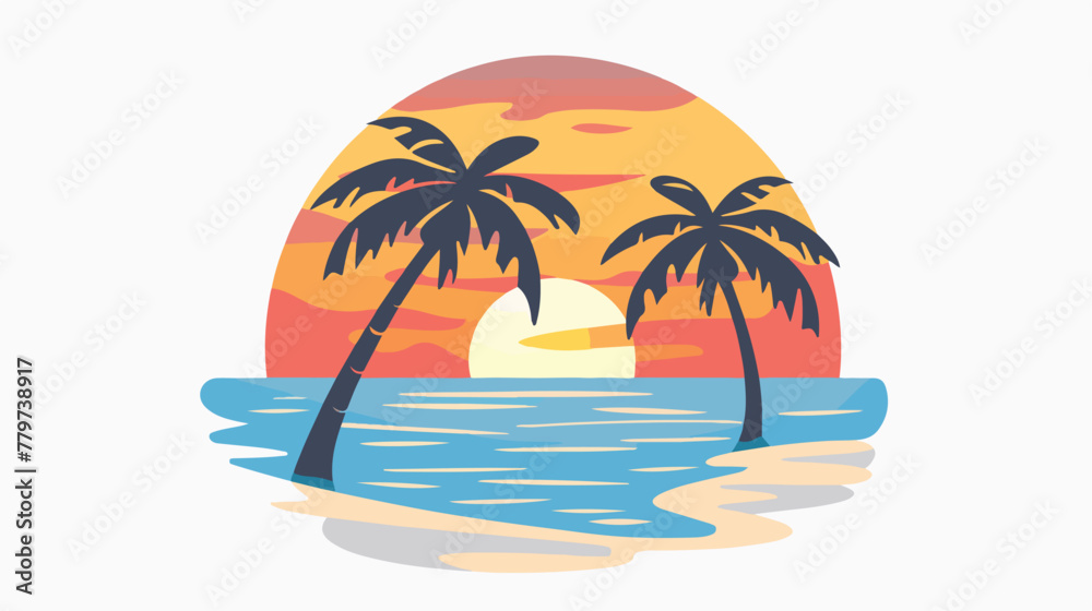 Sunset over sea and beach flat design travel emblem ic