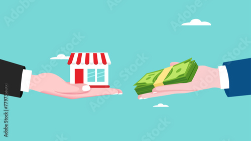 company buyout, selling company offer or merger, acquisition agreement or take over, franchise business concept, businessman offering money to buy a company or franchise business concept illustration