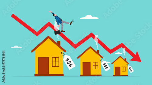 housing prices fall, decline in real estate and property prices, property investment losses, businessman fell from a red graph running down the roof of the house concept illustration photo
