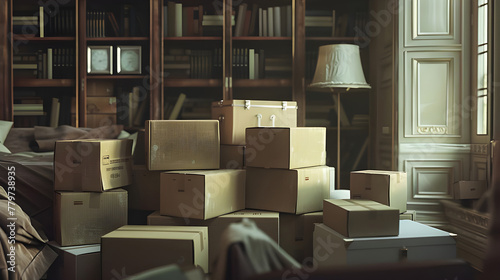 Stacked cardboard boxes in home setting suggest organization - Ai Generated