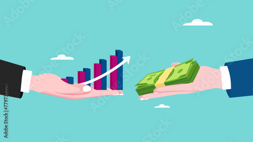 business Acquisition with promising future, business takeover concept, franchise or company buyout, businessman hand giving wad of banknotes to receive well growing bar graph from another hand photo