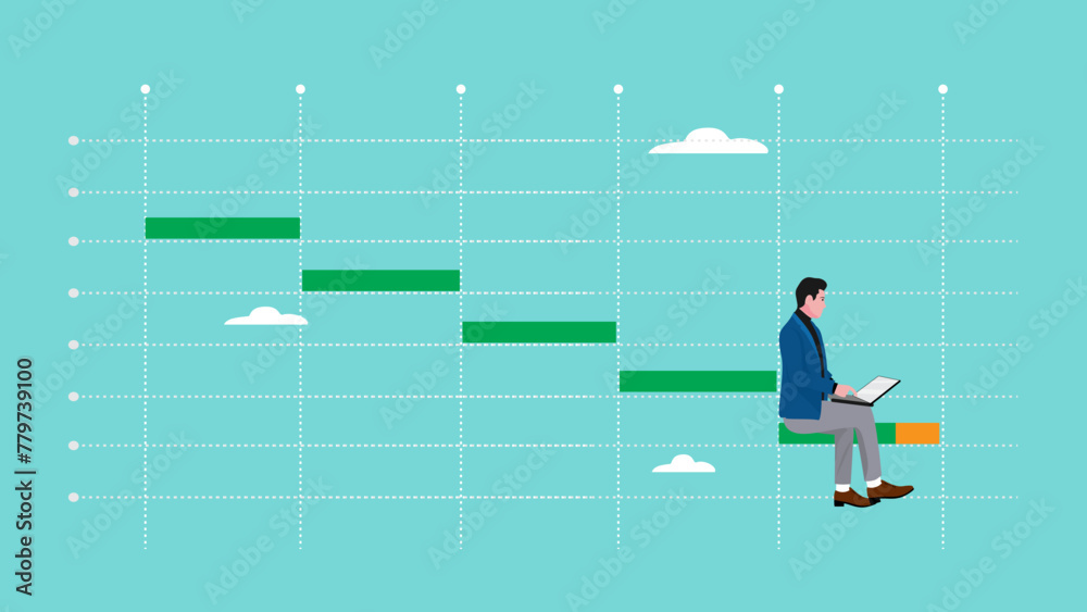 task management, Gantt chart for project planing, executing workflow for business success concept, Businessman working with laptop computer sitting on last horizontal bar of project Gantt chart - obrazy, fototapety, plakaty 
