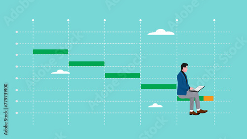 task management, Gantt chart for project planing, executing workflow for business success concept, Businessman working with laptop computer sitting on last horizontal bar of project Gantt chart photo