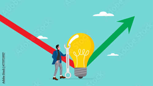 creative idea to boost business progress, developing solution to solve business problem, businessman fixes a light bulb idea to change a downward business graph to an upward one