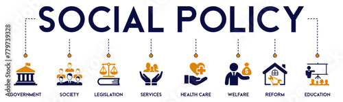 Social Policy banner website icons vector illustration concept of with an icons of government, society, legislation, services, health care, welfare, reform, education, protection on white background