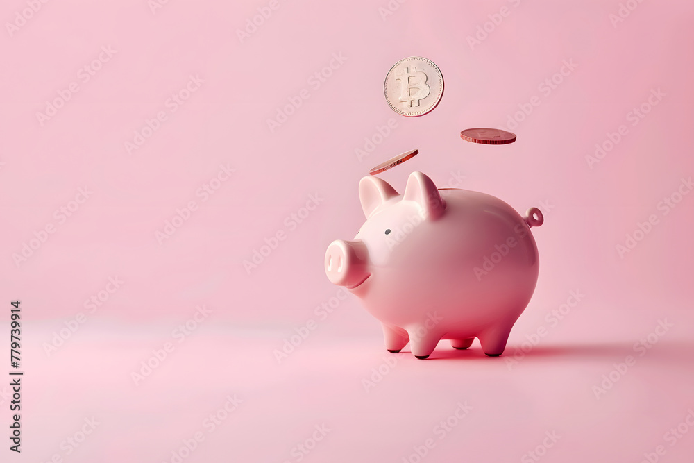 pink bank with falling coins
