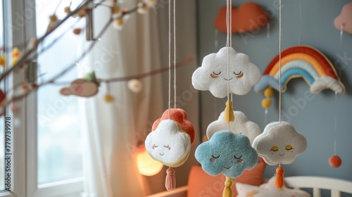 Colorful Hanging Mobile with Whimsical Cloud and Rainbow for Cheerful Nursery or Playroom