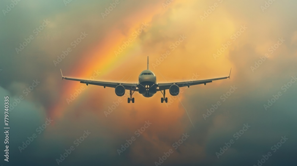Majestic Airborne Journey Against Dramatic Sky with Rainbow Backdrop