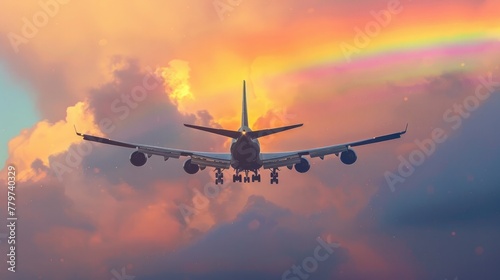 Majestic Airplane Soaring Through Vibrant Rainbow Streaked Sunset Skies